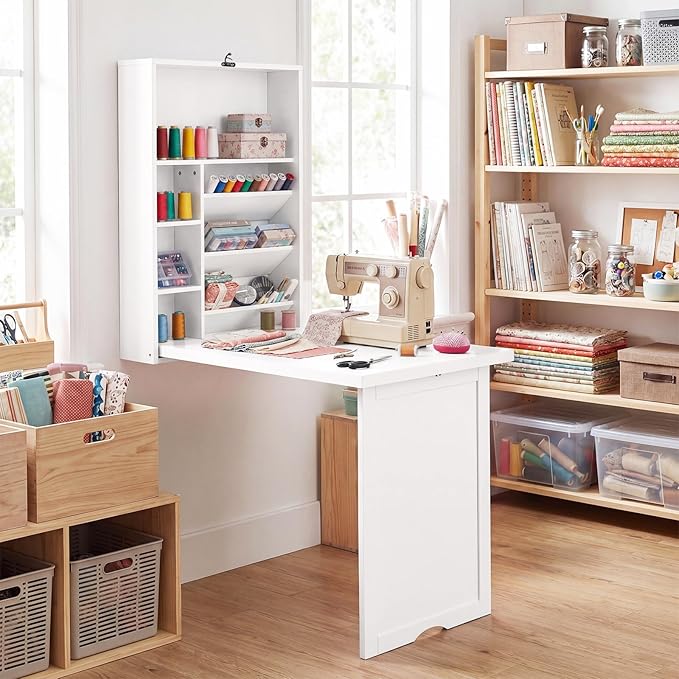 Tangkula Folding Wall Mounted Desk, Convertible Fold Out Floating Table with Storage Shelves, Space-Saving Drop Leaf Table, Murphy Desk for Craft, Study, Small Spaces, Home Office, Dorm, White