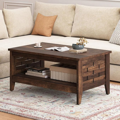 Giantex Farmhouse Coffee Table, 2-Tier Center Table with Storage Open Shelf & Woven Slatted Design, 39.5" Rectangular Accent Cocktail Table, Wood Coffee Tables for Living Room (Rustic Brown)