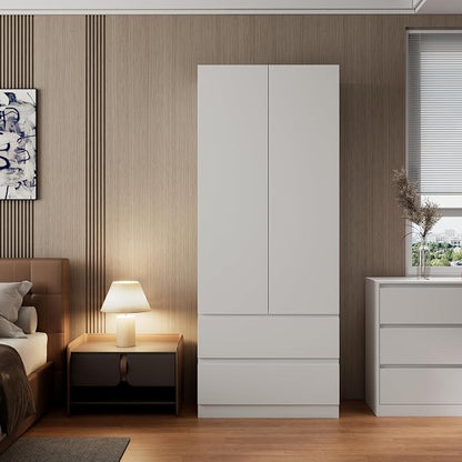 Mekminop White Armoire Wardrobe Closet with Large Capacity, 78.74" Tall Bedroom Armoire, Wooden Wardrobe Cabinet with 2 Drawers, Storage Shelves and Hanging Rod