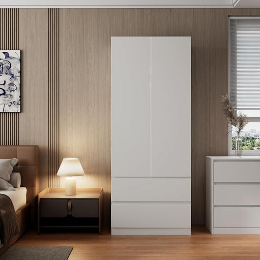 Mekminop White Armoire Wardrobe Closet with Large Capacity, 78.74" Tall Bedroom Armoire, Wooden Wardrobe Cabinet with 2 Drawers, Storage Shelves and Hanging Rod