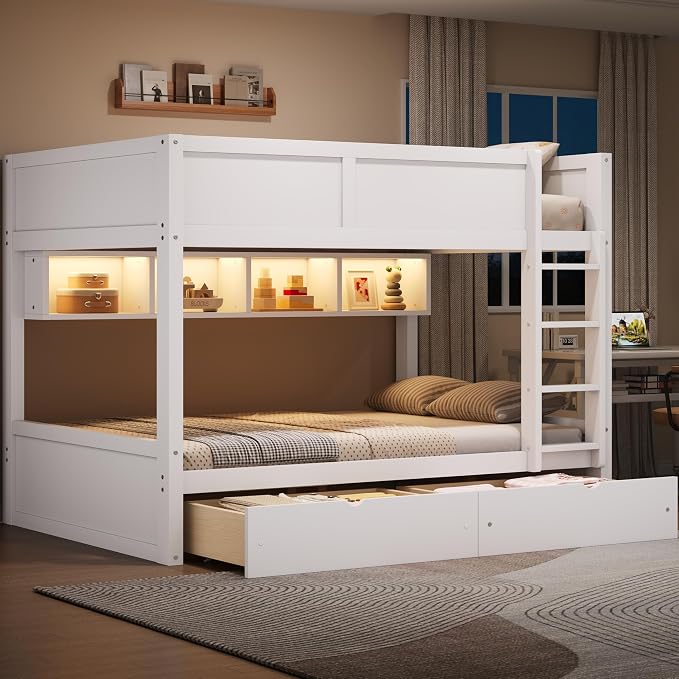 Wood Bunk Bed Full XL over Full XL Size with Built-in Storage Cabinets, 2 Drawers and LED Light, Versatile Bunk Bed Frame with Ladder and Guardrail for Kids Teens Adult, Maximize Space (White-1.13)