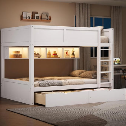 Wood Bunk Bed Full XL over Full XL Size with Built-in Storage Cabinets, 2 Drawers and LED Light, Versatile Bunk Bed Frame with Ladder and Guardrail for Kids Teens Adult, Maximize Space (White-1.13)