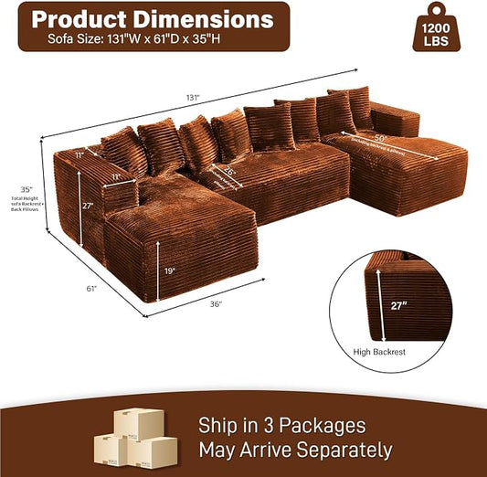 131" Oversized U Shaped Cloud Sectional Couches for Living Room, Comfy Fluffy Corduroy Orange Boneless Sectionals Couch, Plush Memory Foam Modular Sectional Sofa with Chaise- 19" Seat Height