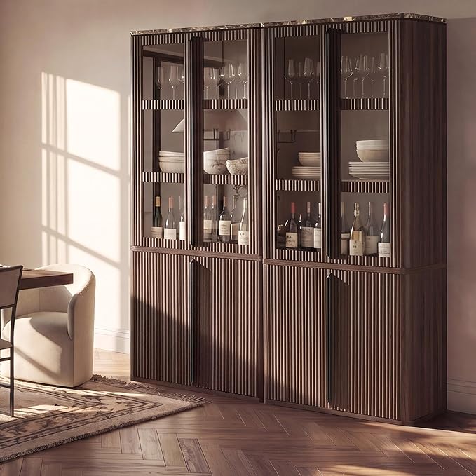 77" Tall Storage Cabinet - Fluted Pantry Cabinets with Glass Doors, Wooden Kitchen Food Cupboard, Adjustable Shelves, Modern Display Storage Closet for Living Room, Dining Room, Office, Brown 2pcs
