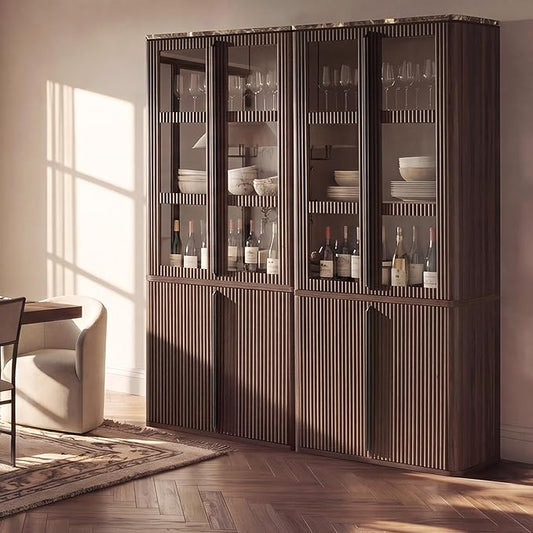 77" Tall Storage Cabinet - Fluted Pantry Cabinets with Glass Doors, Wooden Kitchen Food Cupboard, Adjustable Shelves, Modern Display Storage Closet for Living Room, Dining Room, Office, Brown 2pcs