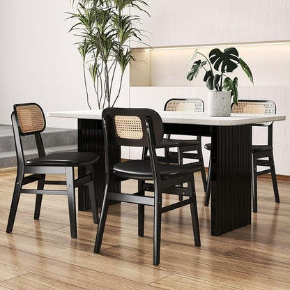 ROCITY Black Dining Chairs Set of 4 Faux Leather Dining Room Chairs with Rattan Back Farmhouse Kitchen Chairs Wooden Side Chairs