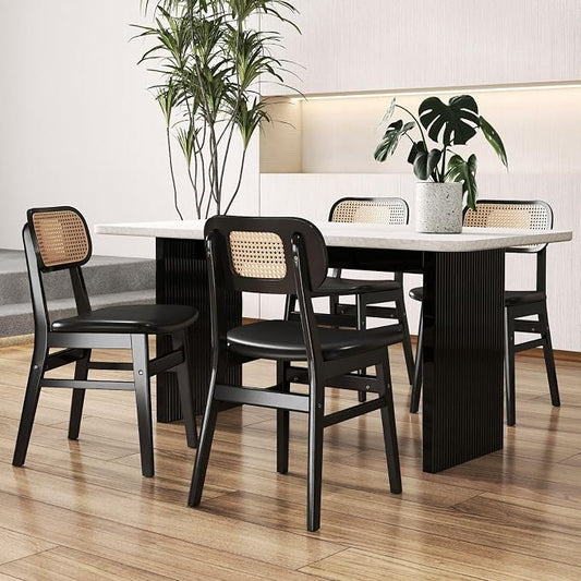 ROCITY Black Dining Chairs Set of 4 Faux Leather Dining Room Chairs with Rattan Back Farmhouse Kitchen Chairs Wooden Side Chairs