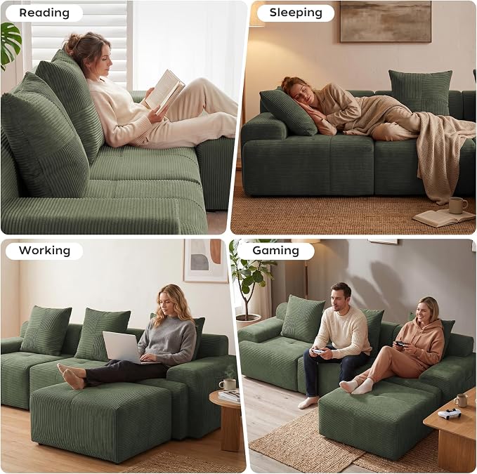 118" Sectional Boneless Oversize Modular Couches, Curved Cloud Sectional Sofa for Living Room, Corduroy L Shape Deep Seat Sofa with Ottoman & 3 Throw Pillows, No Assembly Required,Green