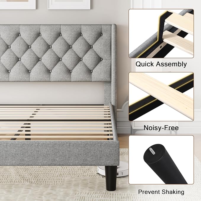 Einhomn Full Size Platform Bed Frame with Fabric Upholstered Wingback Headboard, 9" Under Bed Space, Wooden & Metal Slats Support, No Box Spring Needed, Light Gray