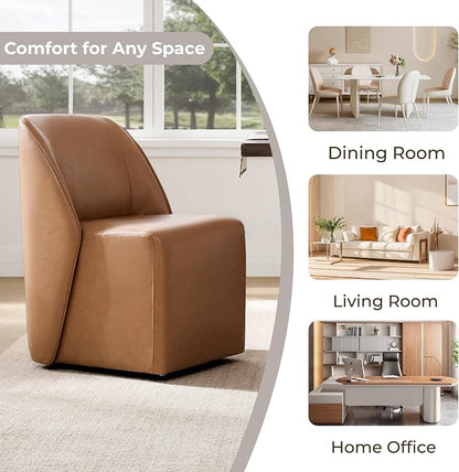 Watson & Whitely Leather Rolling Dining Chairs with Casters Set of 2, Brown | Upholstered Seat, Removable Rollers, Modern Style, Armless Chairs for Dining Room, Living Room, Bedroom