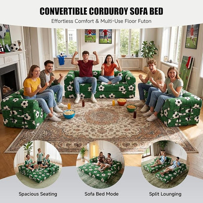 79" World Cup Soccer Sofa Bed, Green Soccer Ball Corduroy Convertible Couch, Foldable Sleeper Futon Floor Sofa for Game Day Watch Parties, Removable Machine-Washable Cover, 2 Pillows