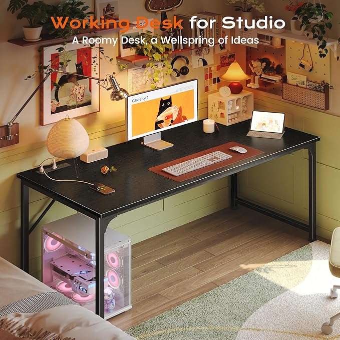 PRAISUN 54 X 24 Inch Deeper Desk with Power Outlets | Large Computer Desk for Bedroom, Office Desk for Work from Home, Writing Study Gaming Table, Stable Metal Frame, Black