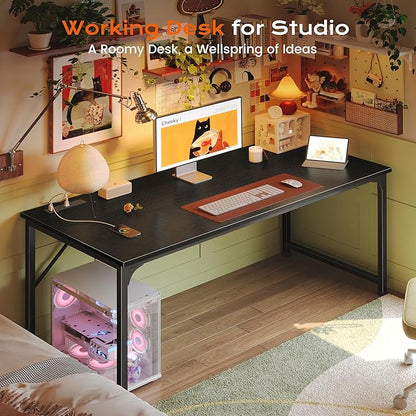 PRAISUN 54 X 24 Inch Deeper Desk with Power Outlets | Large Computer Desk for Bedroom, Office Desk for Work from Home, Writing Study Gaming Table, Stable Metal Frame, Black