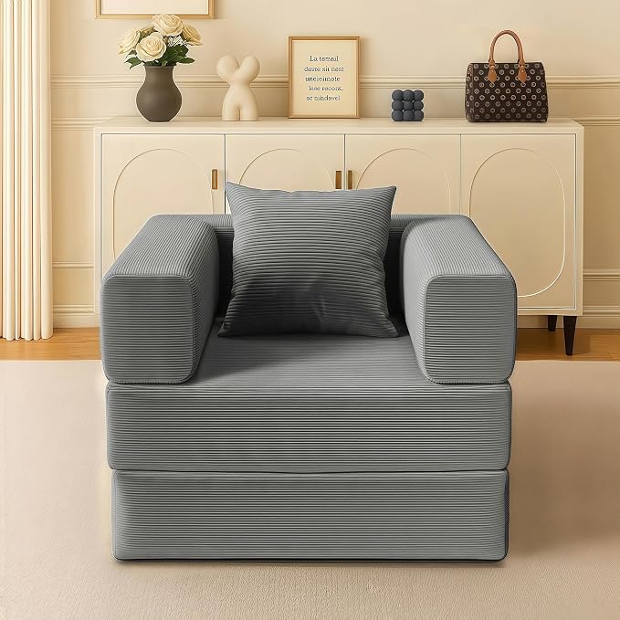 Single Couch Sofa for Small Spaces 2 in 1 Convertible Sofa to Lounger Comfy Bean Bag Chair for Adults with Removable Cover with Pillows for Bedroom, Apartment, Office(Light Gray, 35.43" Single Sofa)