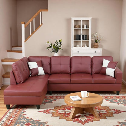 L-Shaped Sectional Sofa, Modern 4-Seat Couch with Left Facing Chaise, Leather Sectional Couch for Living Room, Apartment, Office, Dark Red