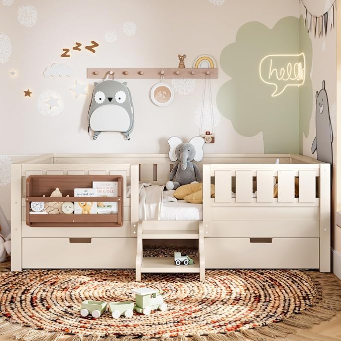 Bellemave Twin Size Kids Montessori Bed with Stairs and Bookshelf,Solid Wood Twin Size Kids Bed Frame with Drawers and Storage for Girls Boys,Low-Profile,Beige