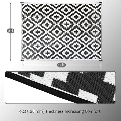 SAND MINE Waterproof Outdoor Rug 9x12 ft, Plastic Reversible Rug, Modern Area Rug, Large Floor Mat for Outdoors, RV, Patio, Backyard, Deck, Picnic, Beach, Camping (9' x 12', Black & White Lattice)