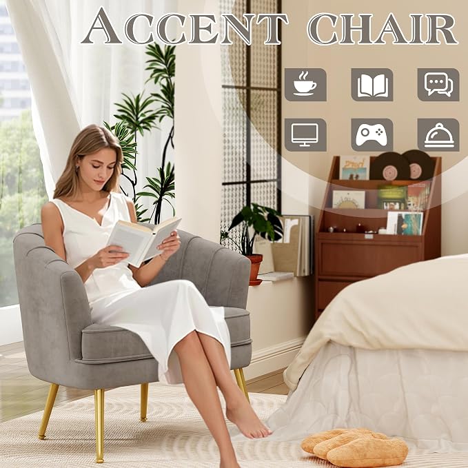 Andeworld Velvet Accent Chair, Upholstered Modern Single Sofa Side Chair,Comfy Barrel Club Living Room Armchair with Golden Metal Legs for Bedroom Living Reading Room Office, Grey