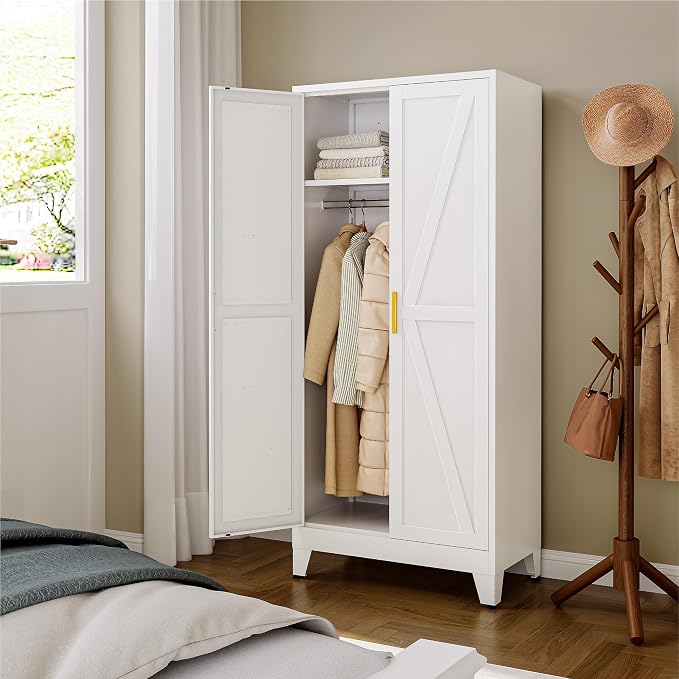 YAUWOH Farmhouse Wardrobe Cabinet,Metal Wardrobe Closet with Hanging Rod,Metal Armoire with Adjustable Shelves for Bedroom, Cloak Room,Office (White)