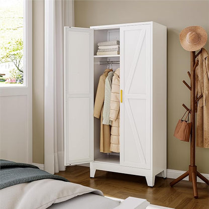 YAUWOH Farmhouse Wardrobe Cabinet,Metal Wardrobe Closet with Hanging Rod,Metal Armoire with Adjustable Shelves for Bedroom, Cloak Room,Office (White)