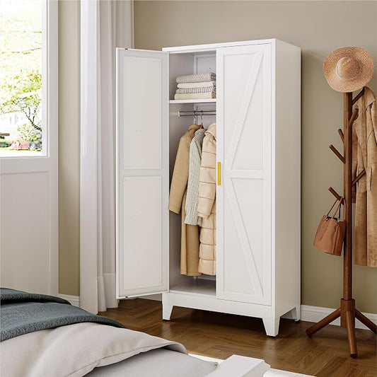 YAUWOH Farmhouse Wardrobe Cabinet,Metal Wardrobe Closet with Hanging Rod,Metal Armoire with Adjustable Shelves for Bedroom, Cloak Room,Office (White)