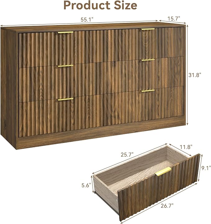 Walnut 6 Drawer Dresser for Bedroom, 55" Wide Fluted Chest of Drawers with Gold Metal Handles, Wood Dresser Storage Organizer Mid Century TV Stand for Living Room Closet Hallway