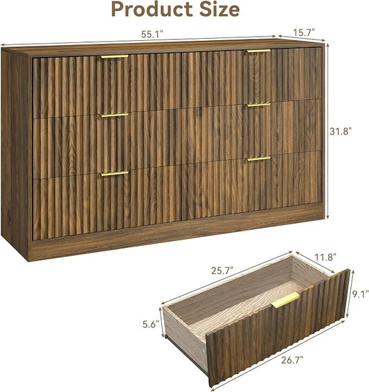 Walnut 6 Drawer Dresser for Bedroom, 55" Wide Fluted Chest of Drawers with Gold Metal Handles, Wood Dresser Storage Organizer Mid Century TV Stand for Living Room Closet Hallway