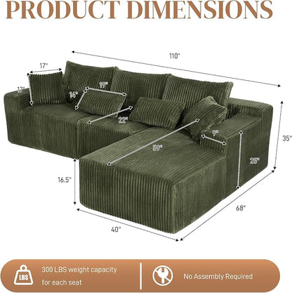 110" L Shaped Cloud Boneless Sectional Couches for Living Room, Modern Comfy Modular Deep Seat Memory Foam Compressed Corduroy Sofa Oversized Right Facing Chaise, No Assembly Required, Green
