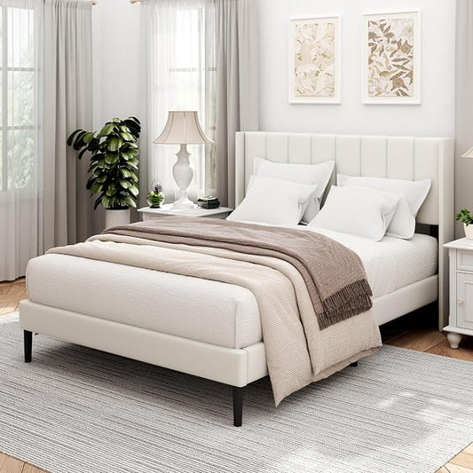 Sismplly Queen Size Bed Frame and Headboard,Vertical Channel Tufted Wingback No Box Spring Needed, Mattress Foundation, Easy Assembly White