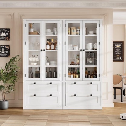 72" Tall Kitchen Pantry Cabinet - Modern Display Storage Cabinet with 2 Large Drawers, Glass Doors, and Adjustable Shelves, Farmhouse Kitchen Cupboard for Dining Room, Bathroom, Living Room, White