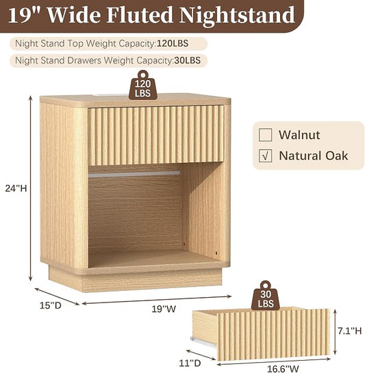 Baoz Oak Fluted Nightstand with Charging Station & 1 Drawers for Bedroom | 19" Wide Mid Century Modern Bedside Table Natural Wood Curved Profile Design Night Stand Metal Handle
