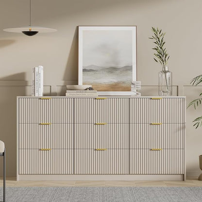 Furniway 9 Drawer Dresser for Bedroom, 63" Wide Dresser with Gold Handles, Modern Wood Chest of Drawers Storage Cabinet, Fluted Long Dresser for Bedroom, Living Room, Hallway, Beige
