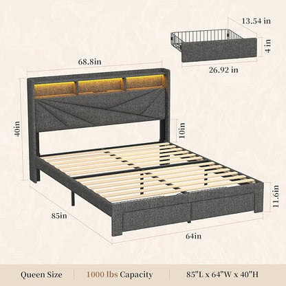 Queen Bed Frame with Storage Headboard, Upholstered Queen Size Bed Frame with LED Lights, USB Charging Station & 2 Storage Drawers, No Box Spring Needed, Dark Grey