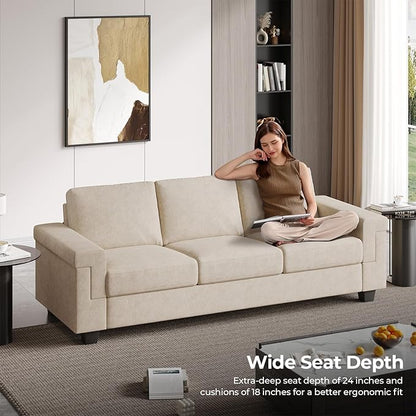 COPIAE 3 Seater Sofa Couch with Deep Seat, 90" Modern Upholstered Sofa with Armrests, Easy Installation, Comfy Couches for Living Room, Apartment, Beige