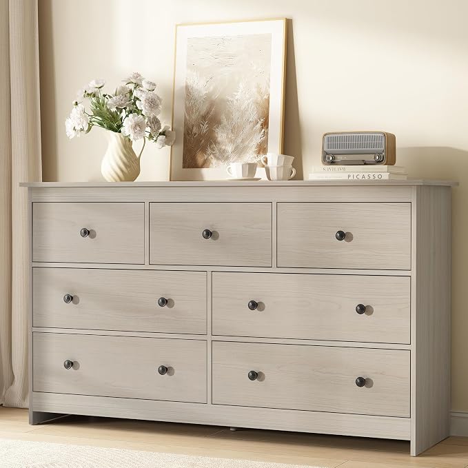 CARPETNAL Dresser for Bedroom, 7 Drawer Dresser 55” Wide Wood Chest of Drawers with Metal Handles, TV Stand, Furniture Storage Dressers Organizer for Living Room, Hallway, Entryway (Walnut)