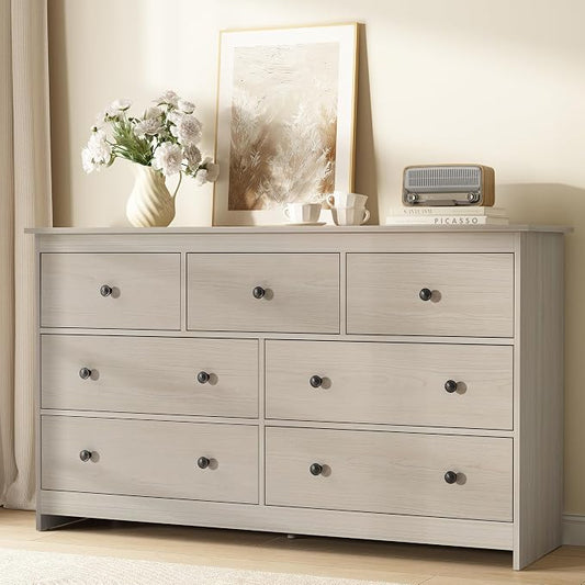 CARPETNAL Dresser for Bedroom, 7 Drawer Dresser 55” Wide Wood Chest of Drawers with Metal Handles, TV Stand, Furniture Storage Dressers Organizer for Living Room, Hallway, Entryway (Walnut)