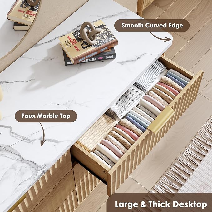 Fluted Dresser for Bedroom with 9 Deep Drawers, 60.6" Wide Modern Chest of Drawer with Faux Marble Top, Wooden Dresser TV Stand, Curved Profile Design, for Living Room, Kids Room, Hallway, Natural Oak