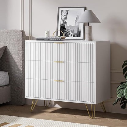 MAISONARIA White 3 Drawer Dresser for Bedroom, Modern Closet Dressers Chest of Drawers, Fluted Dresser Chest Cabinet with Gold Metal Handles, Nightstand for Bedroom, Living Room, Hallway, Entryway