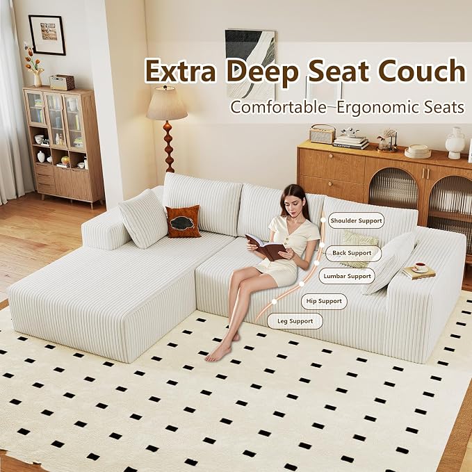 96" Modular Sectional Couch, Boneless L Shaped Cloud Sofa with Chaise Lounge, Corduroy Upholstered Couches Memory Foam Deep Seat, No Assembly Required, Ideal for Living Room(White, Left Facing)