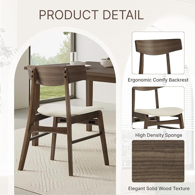 KISLOT Wooden Dining Chairs Set of 4, Upholstered Modern Dining Room Chairs, Mid Century Oak Kitchen Chairs with Curved Wood Backrest for Farmhouse, Restaurant, Café (Cream Fabric & Walnut Color)