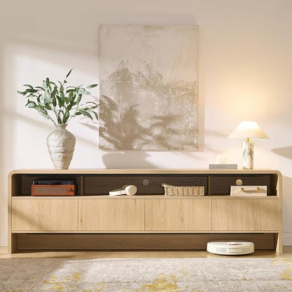 AMERLIFE 70" Modern TV Stand for TVs Up to 80", Wood TV Console with Curved Profile Design & 2 Storage Cabinets, Media Console Entertainment Center for Living Room, Natural Oak