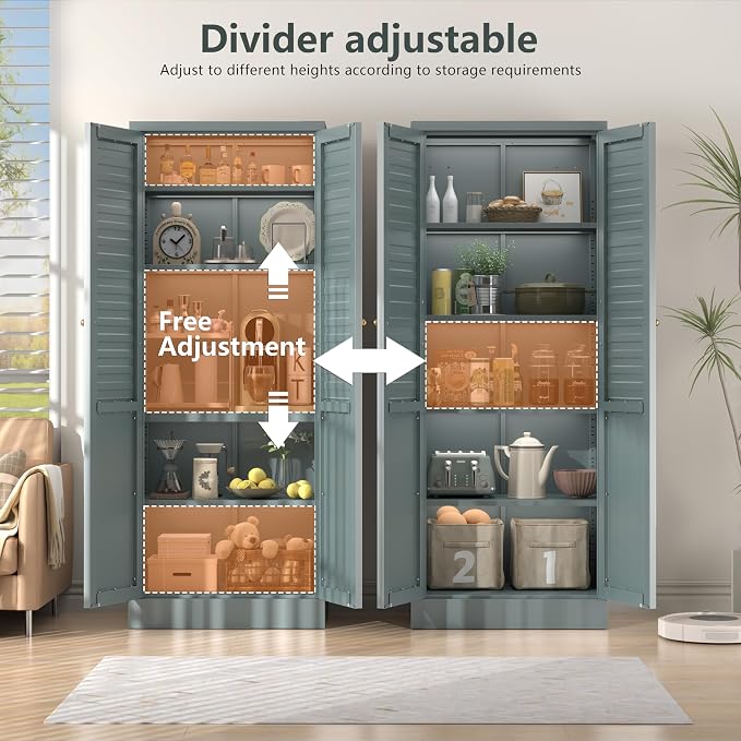 LEYNOT 61 inch Tall Kitchen Pantry Cabinet,Metal Storage Cabinet with 4 Adjustable Shelves,Freestanding Cupboard for Canned Food,Snacks,Small Appliances(Green)