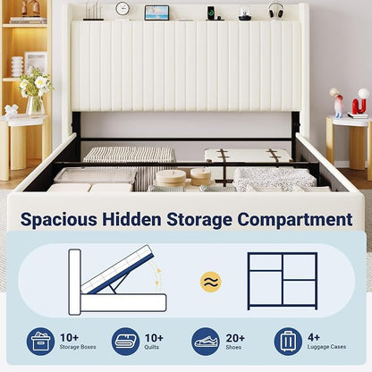 Allewie King Size Lift Up Storage Bed Frame,Storage Shelf Headboard with Charging Station,Type-C and USB Ports,Hydraulic Support,Velvet Upholstered Bed Frame,No Box Spring Needed,Cream