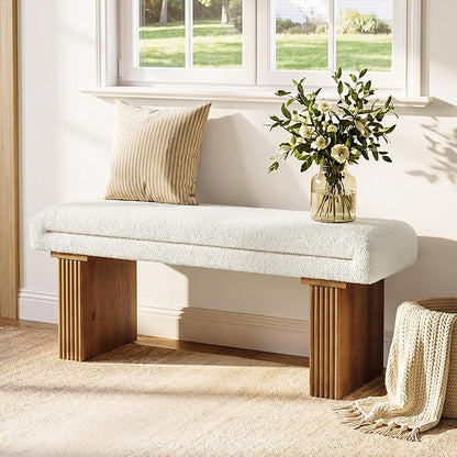 Solid Wood Entryway Bench, 47" Farmhouse End of Bed Bench, Ottoman Indoor Bench with Cushion, Upholstered Window Bench for Entryway, Living Room, White & Brown