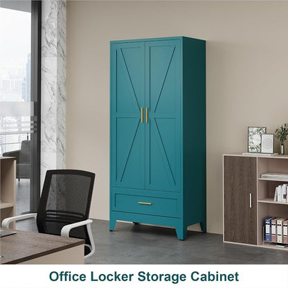 QINPTWUT 71" Tall Metal Wardrobe with Doors, Hanging Rod & Adjustable Shelf, Freestanding Steel Armoire for Bedroom Home Office, 1-Drawer Blue