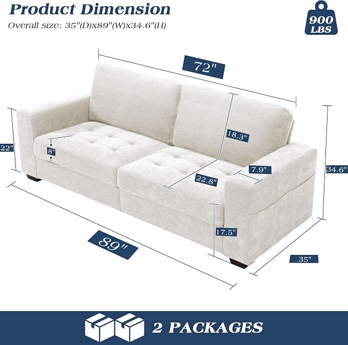 WorthFurni Sofas for Living Room, Chenille Loveseat Couch Set, Small Modern Sofa, USB Charging, Removable Sofa Cover,Solid Wood Frame, Easy to Install(89inch,White)