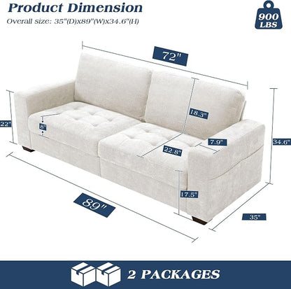 WorthFurni Sofas for Living Room, Chenille Loveseat Couch Set, Small Modern Sofa, USB Charging, Removable Sofa Cover,Solid Wood Frame, Easy to Install(89inch,White)