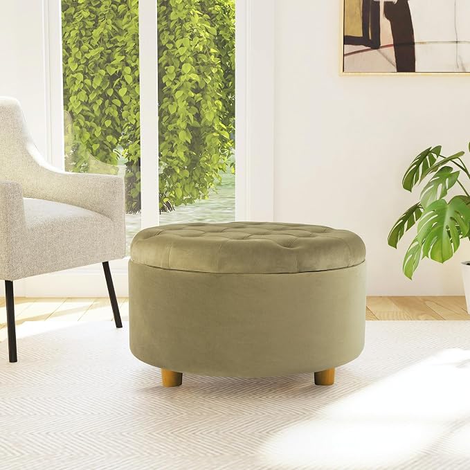 HomePop 28" Button Tufted Velvet Round Storage Ottoman - Light Sage Green Velvet