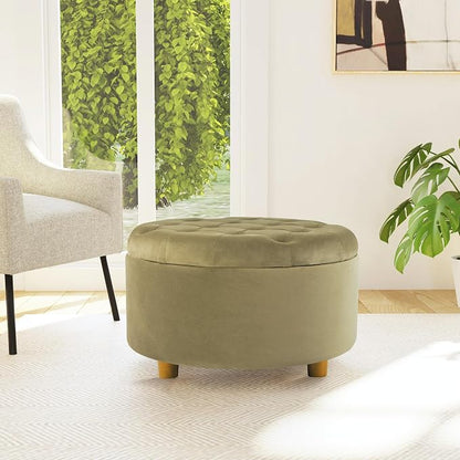 HomePop 28" Button Tufted Velvet Round Storage Ottoman - Light Sage Green Velvet