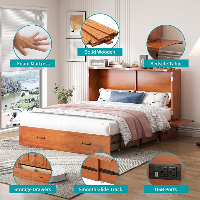 BALUS Queen Murphy Bed with Mattress Included, Cabinet Bed with Mattress & Built-in USB Ports & 2 Storage Drawers, Space-Saving Modern Murphy Beds Cabinet Guest Beds for Office -Cherry